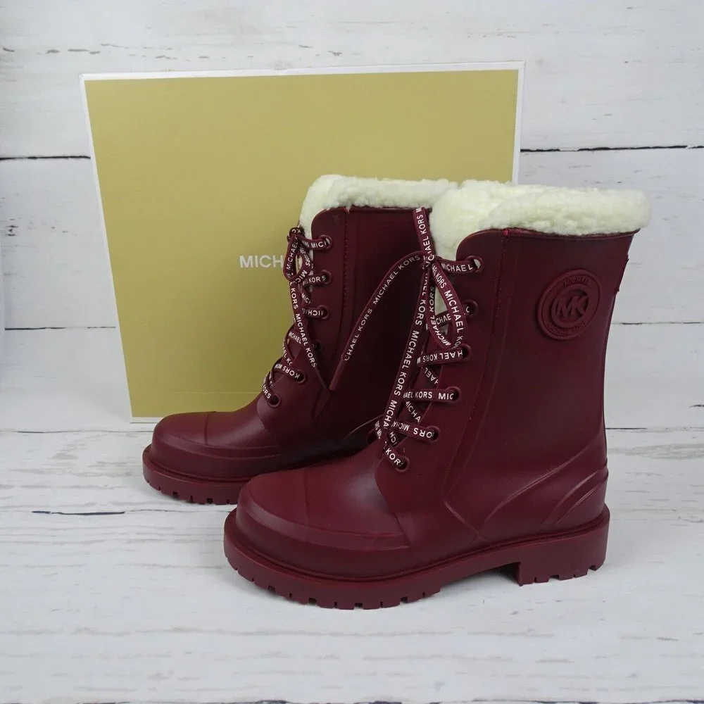 MICHAEL Michael Kors Women's Montaigne Rain Boots Faux Fur Logo Dark Berry New 6